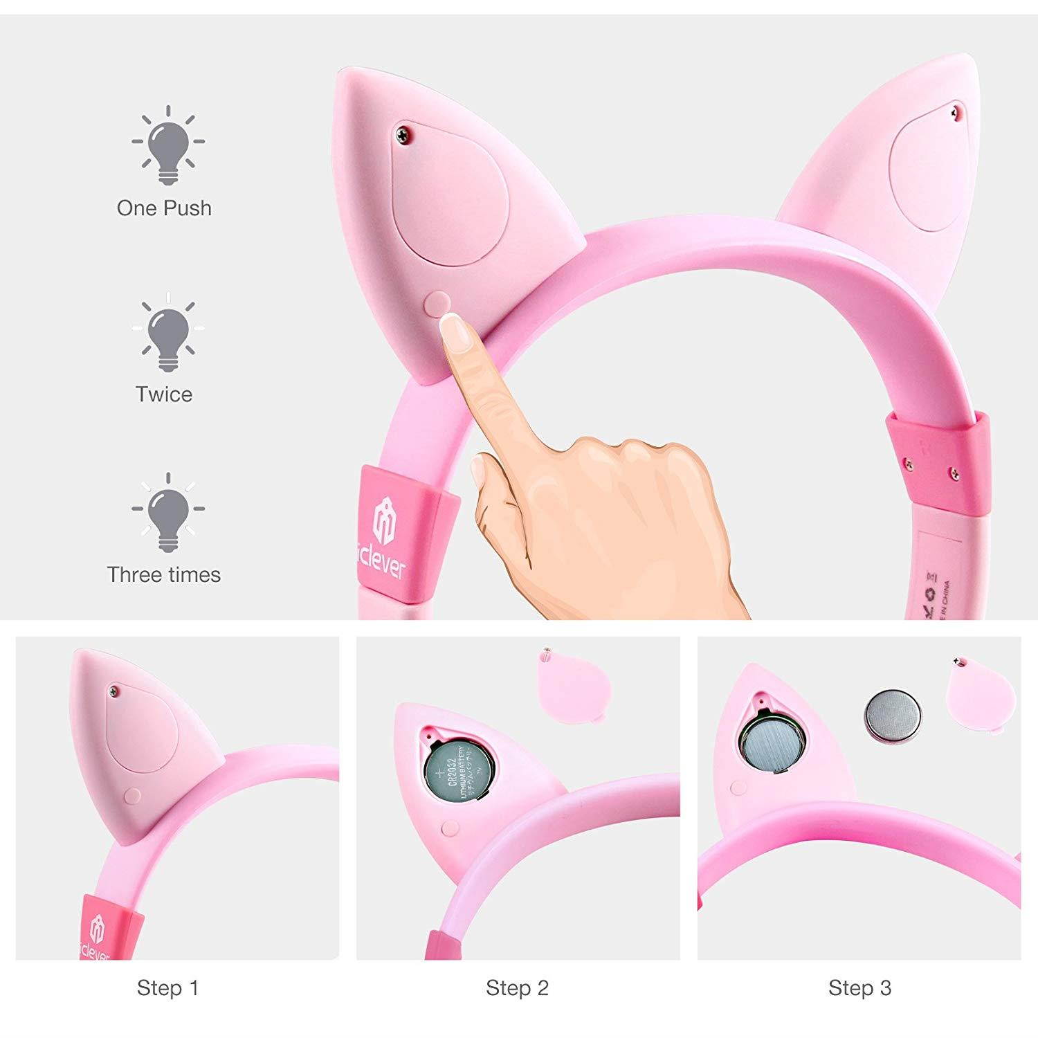 iClever Kids Headphones Over Ear, LED Backlight, Safe Wired Kids Headsets 85dB Volume Limited, Food Grade Silicone, 3.5mm Aux Jack, Cat-Inspired Headphones for Kids, Pink