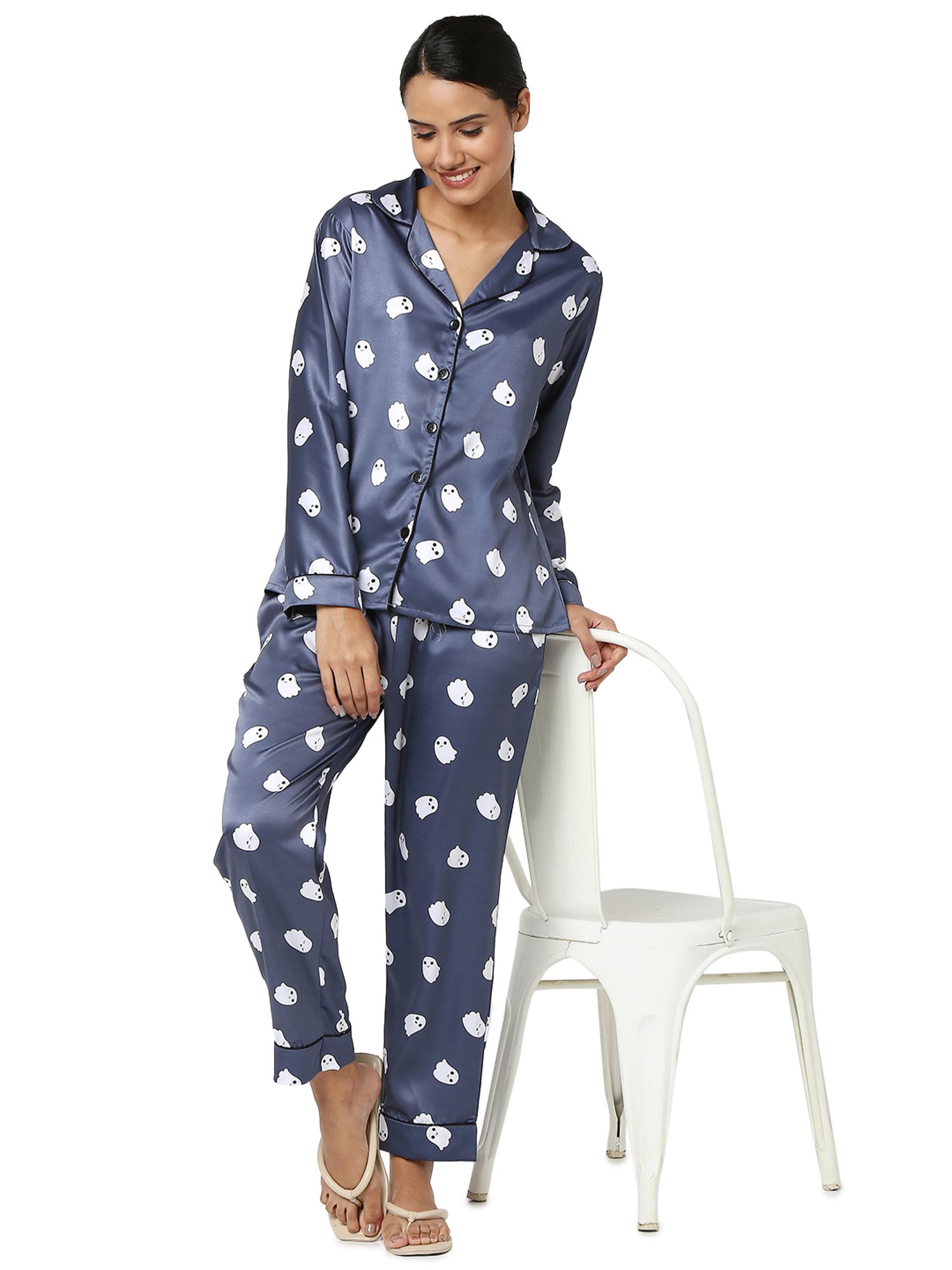 Smarty Pants Navy Satin Print Shirt With Pyjamas