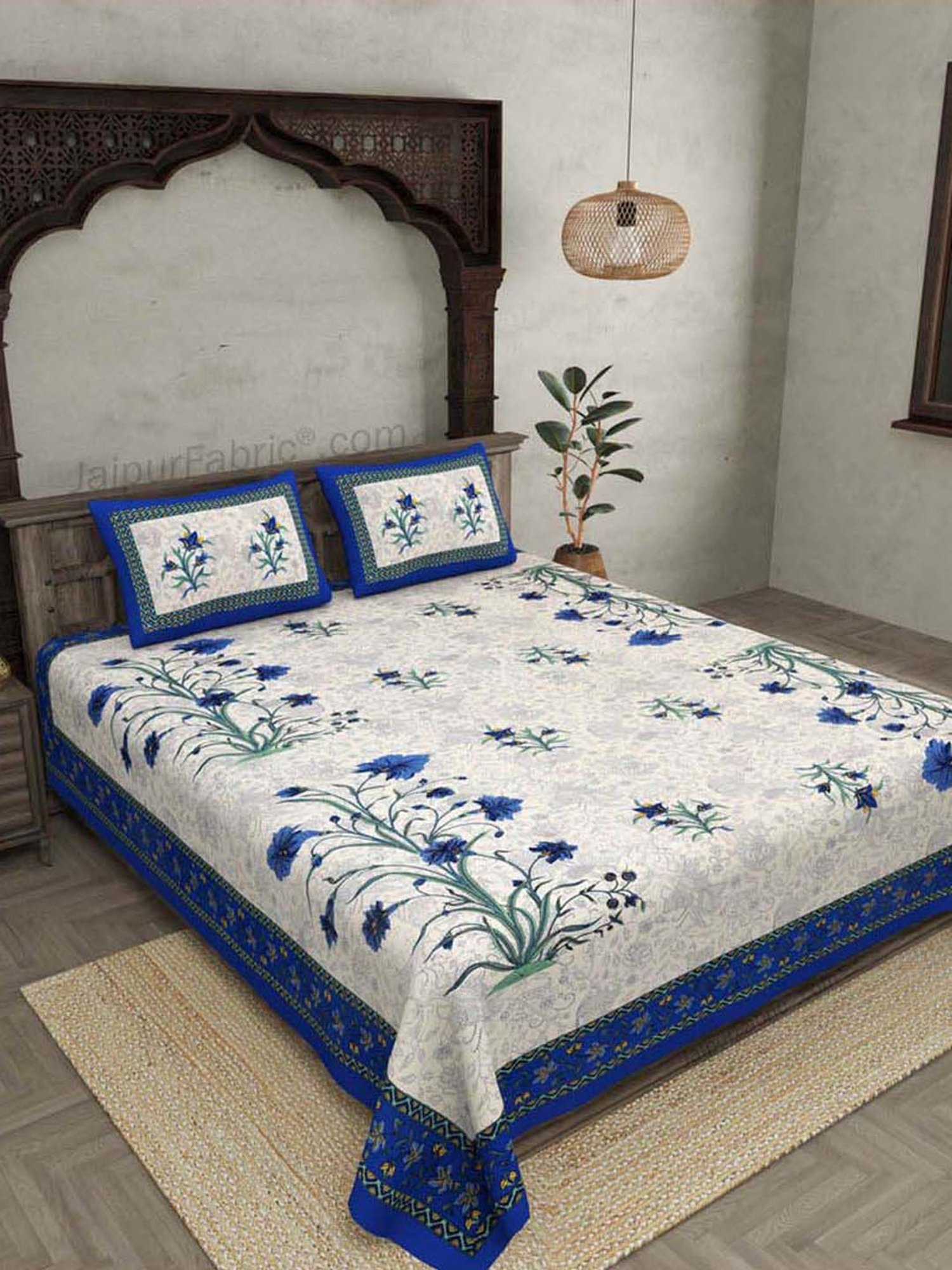 JaipurFabric Blue & Green 100% Pure Cotton 150 TC Double Bedsheet with 2 Pillow Covers
