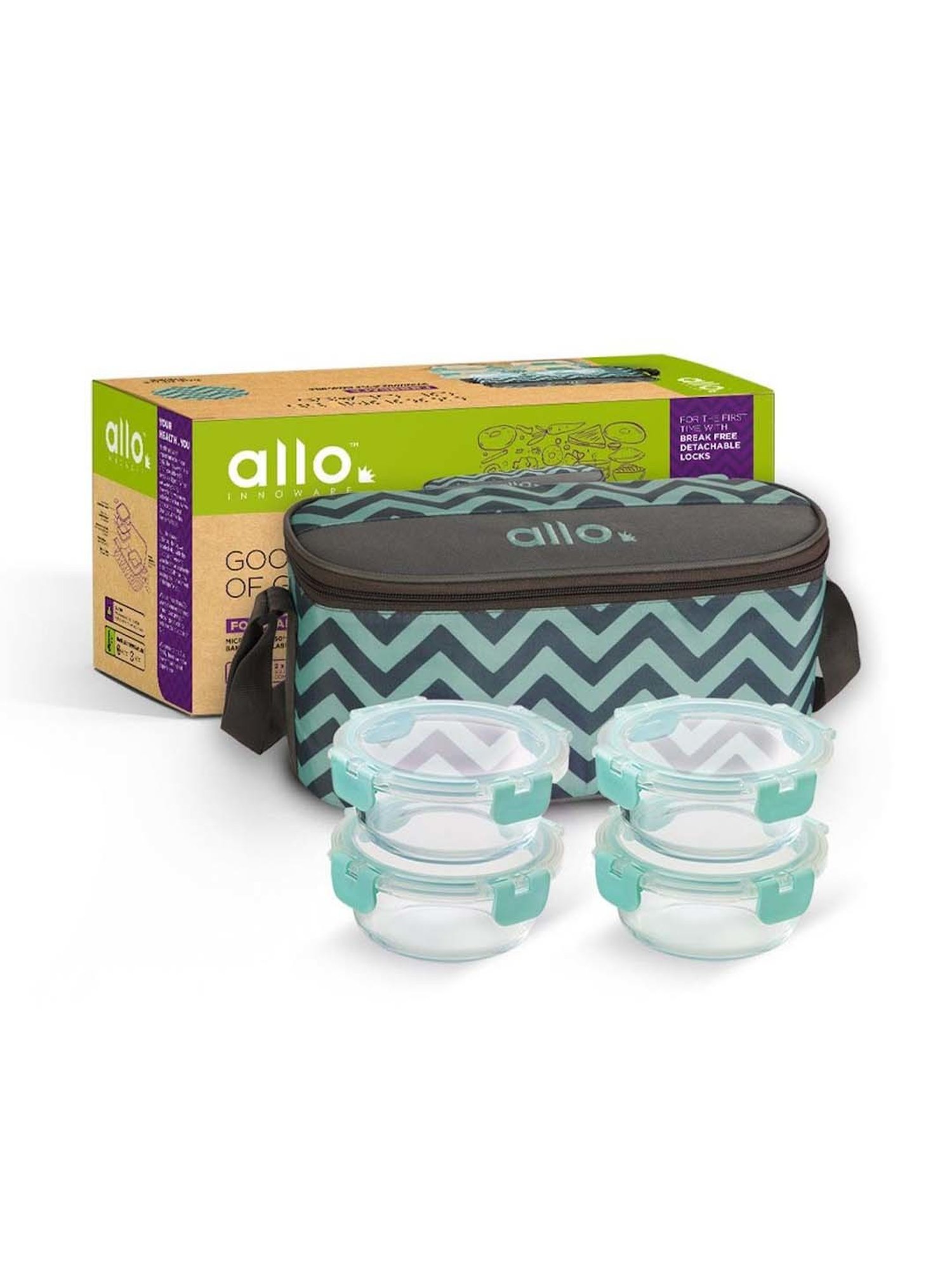 Allo Borosilicate Glass Lunch Box Microwave Safe With Detachable Lock and Chevron Mint Tiffin Bag