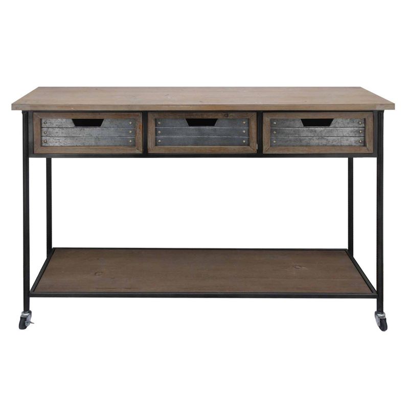 Caster Supported 3 Drawer Wood and Metal Console Table Brown/Black - Benzara