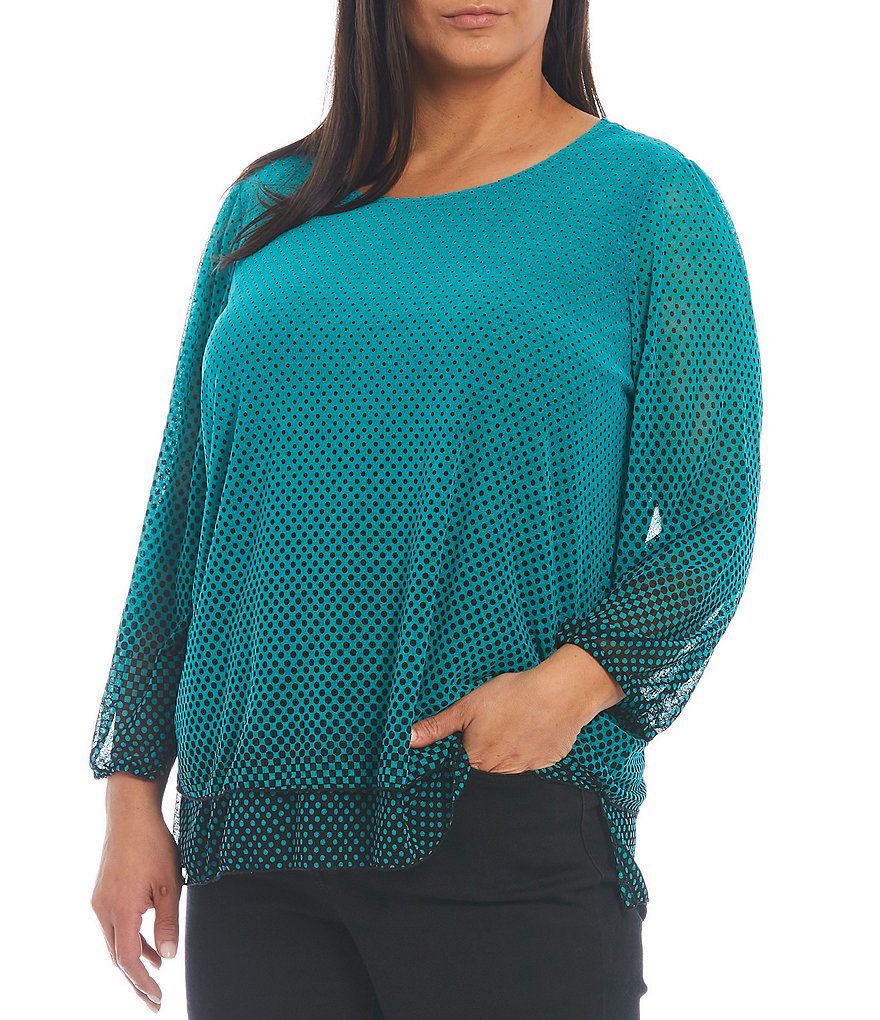 Ali Miles Plus Size Ombre Dot Print Onionskin Knit Long Sleeve Jewel Neck Hi-Low Ruffle Hem Tunic