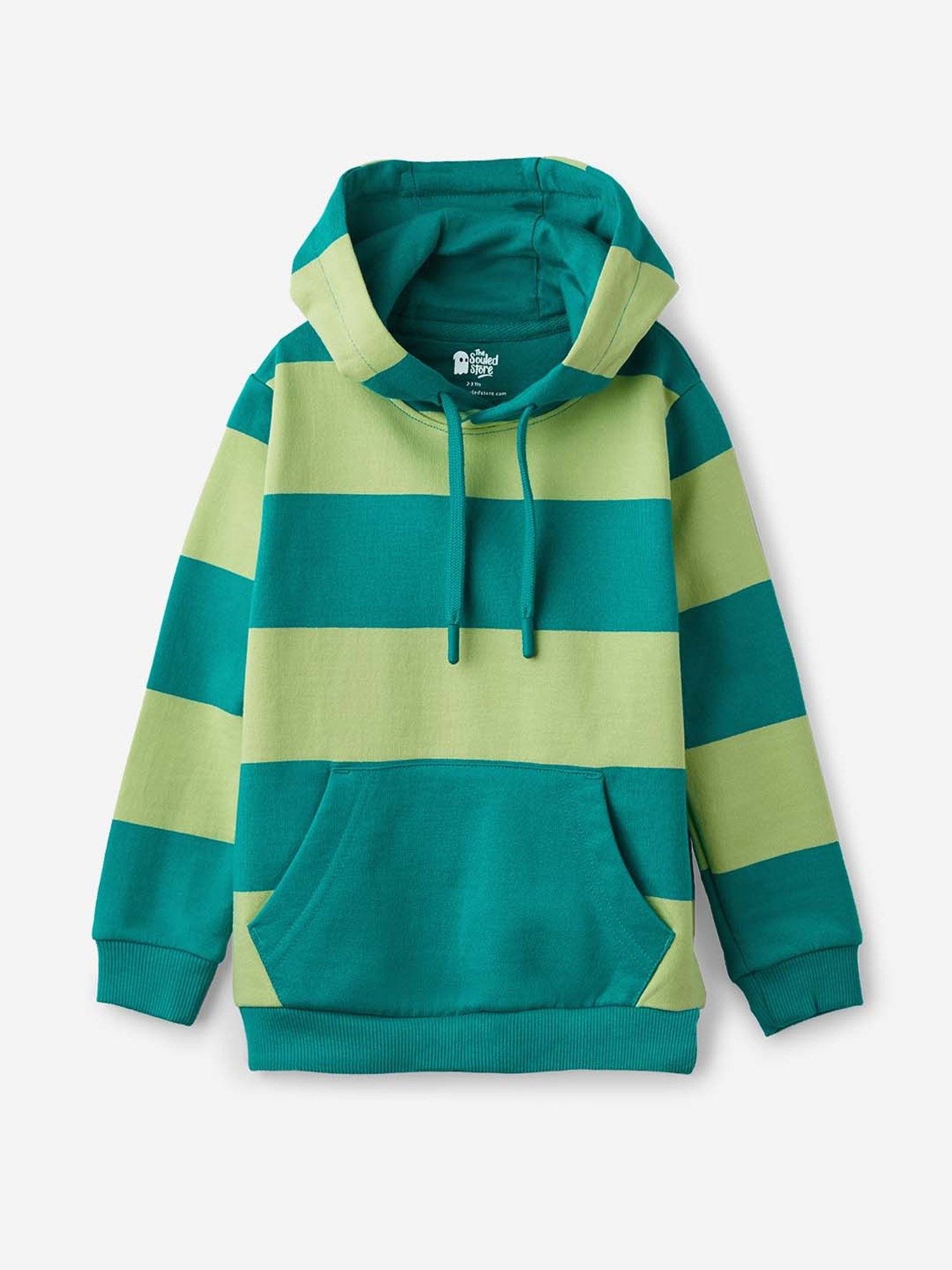 The Souled Store Kids Green & Teal Blue Cotton Striped Full Sleeves Hoodie