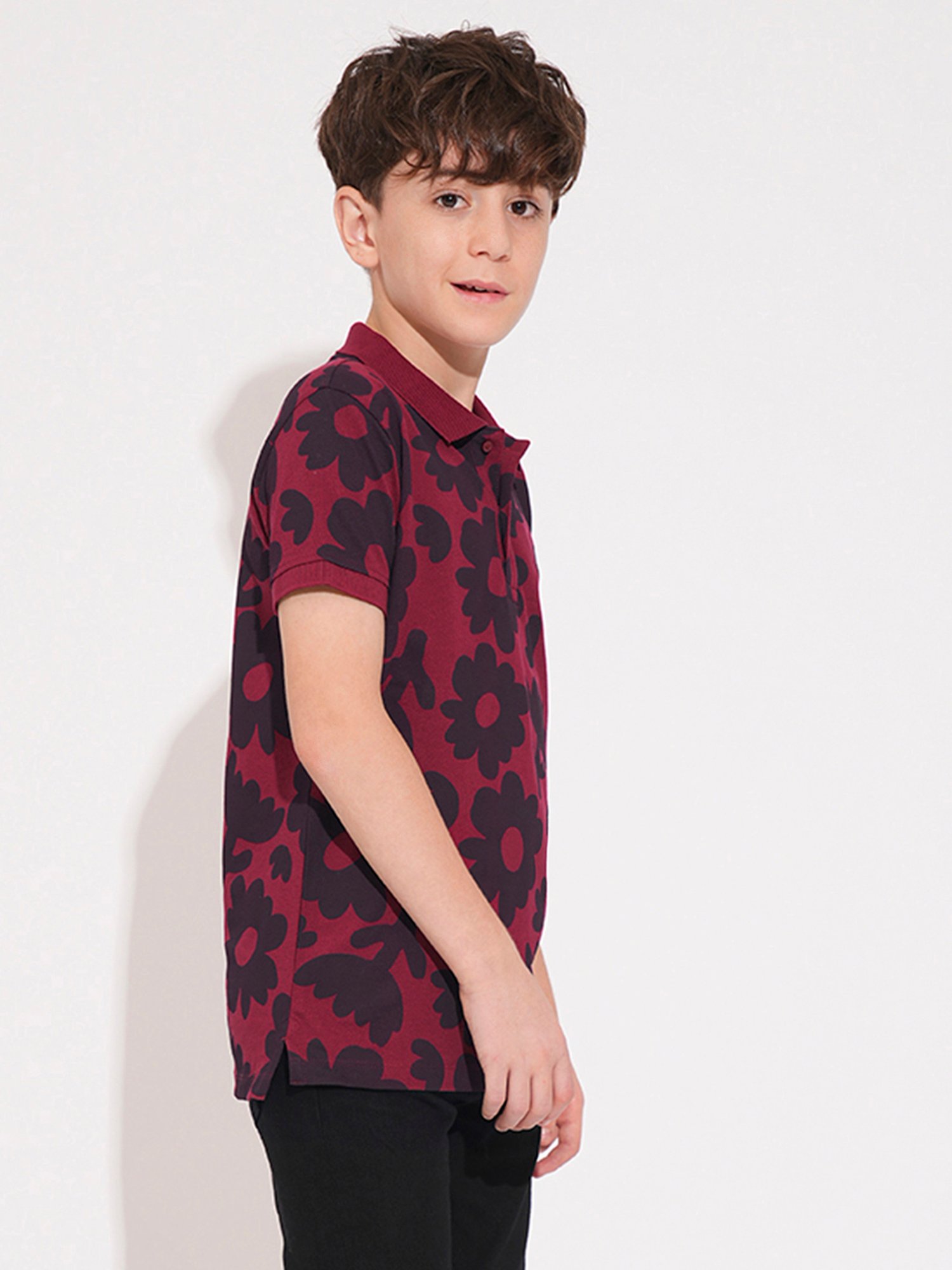 Jack & Jones Junior Boys Maroon Cotton Floral Print T-Shirt