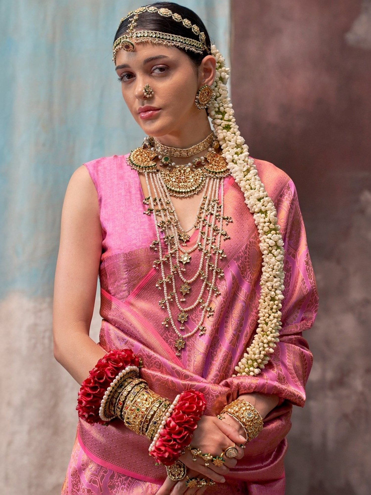 Elora Pink Silk Woven Saree With Unstitched Blouse