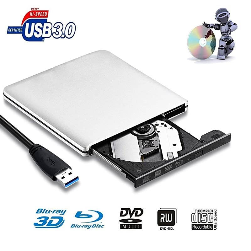 External 3D Blu Ray CD DVD Drive, Portable USB3.0 Blu Ray CD/DVD+/-RW Burner Player Writer Reader Rewriter for PC Netbook Laptop Desktop with Mac OS Windows XP/7/8/10/Vista-Silver