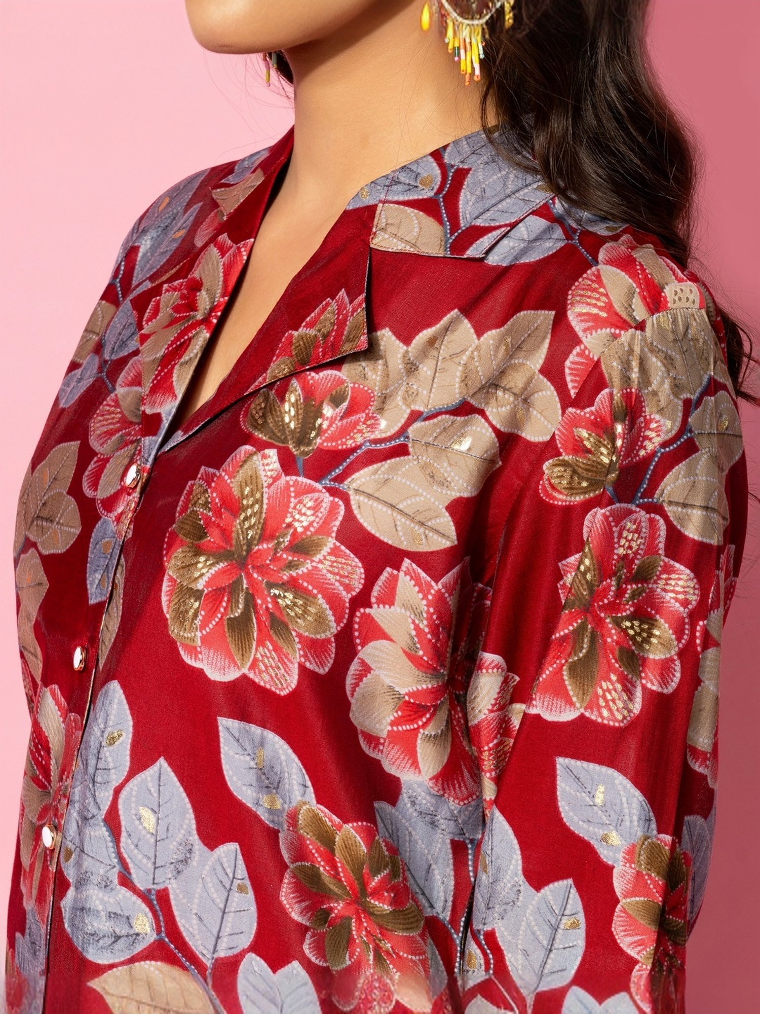 Libas Maroon Printed Silk Blend Co-Ords