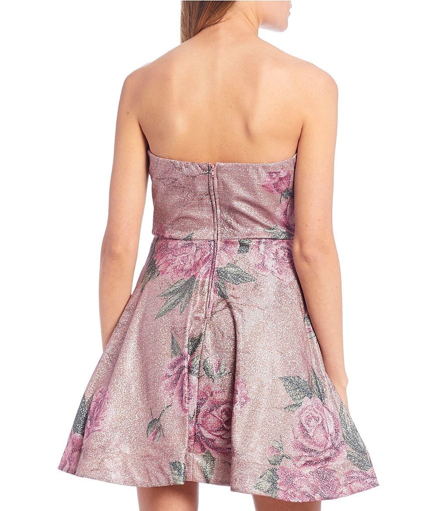 Midnight Doll Strapless Floral Print Shine Fit-and-Flare Dress