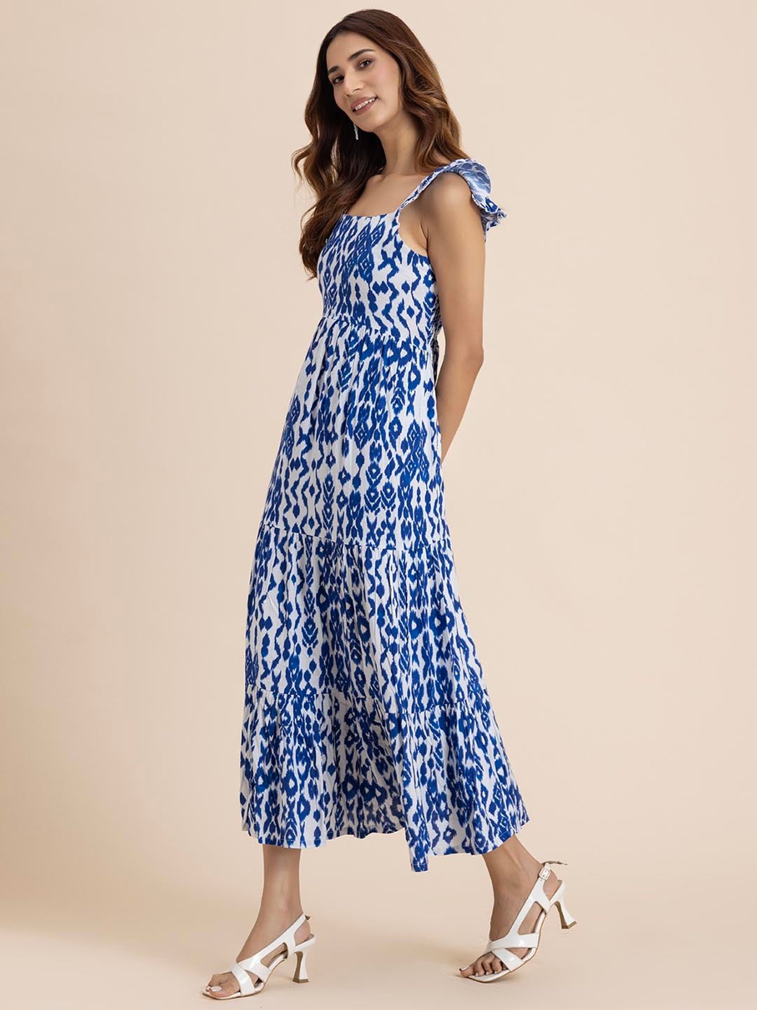 Moomaya Blue & White Printed Midi Dress