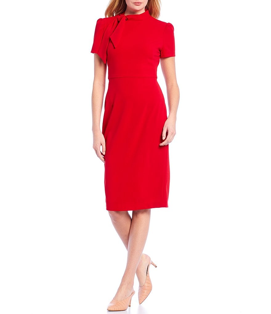 Maggy London Petite Size Tie Neck Puff Sleeve Stretch Crepe Sheath Dress