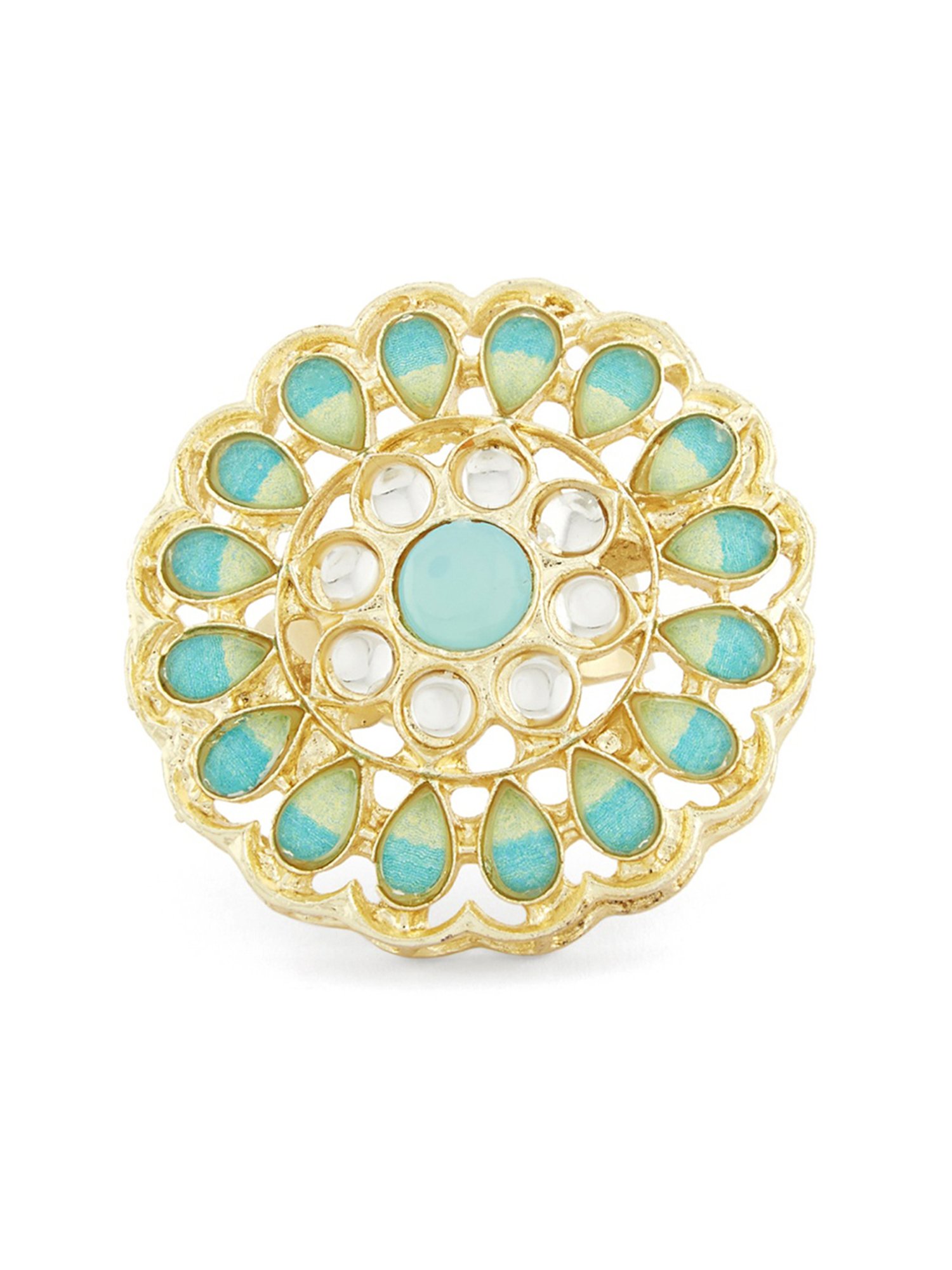 Zaveri Pearls Turquoise & Green Stones Necklace, Earring & Ring Set