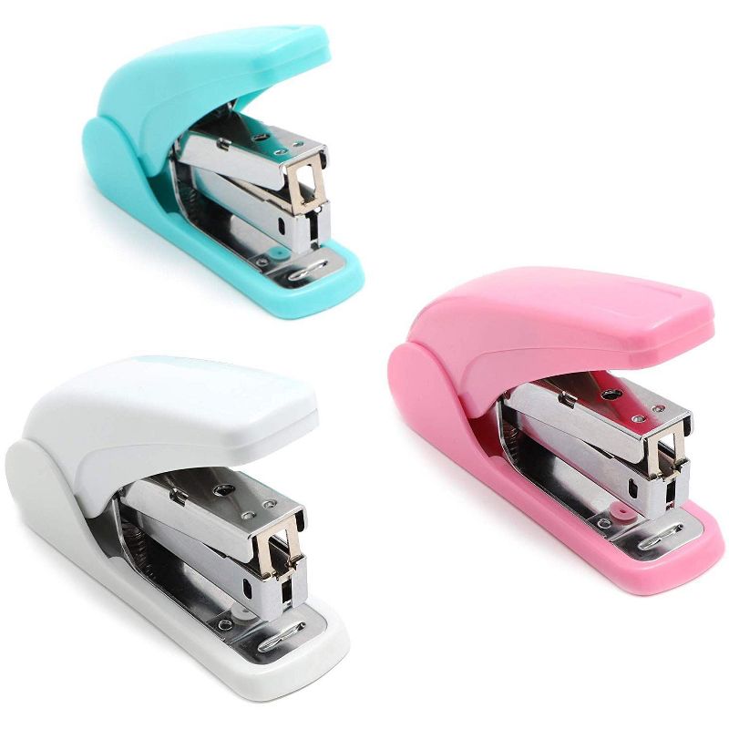 Paper Junkie 3 Pack Alloy Steel Mini Stapler Set, Pastel Colors