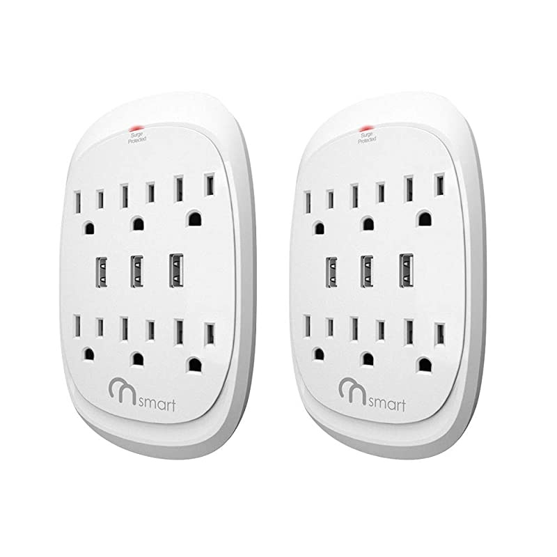 ON USB Wall Tap Surge Protector with 6 outlets 3 USB 34A Output Portable WallMount Socket 300J Surge Protection  Charging for Home Office Kitchen White2 Pack