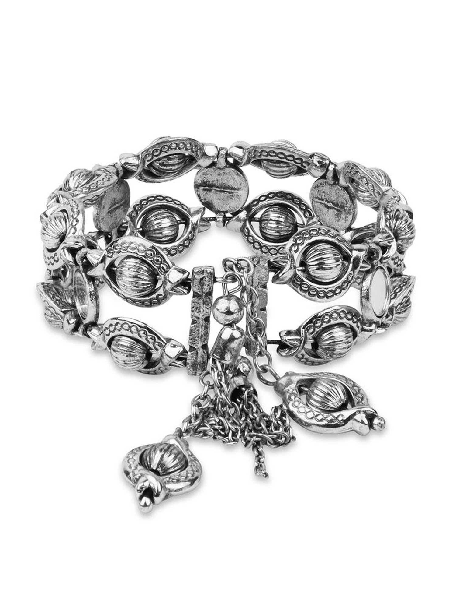 Fida Ethnic Oxidised Silver Tassel Drop Adjustable Tribal Cuff Bracelet for Women