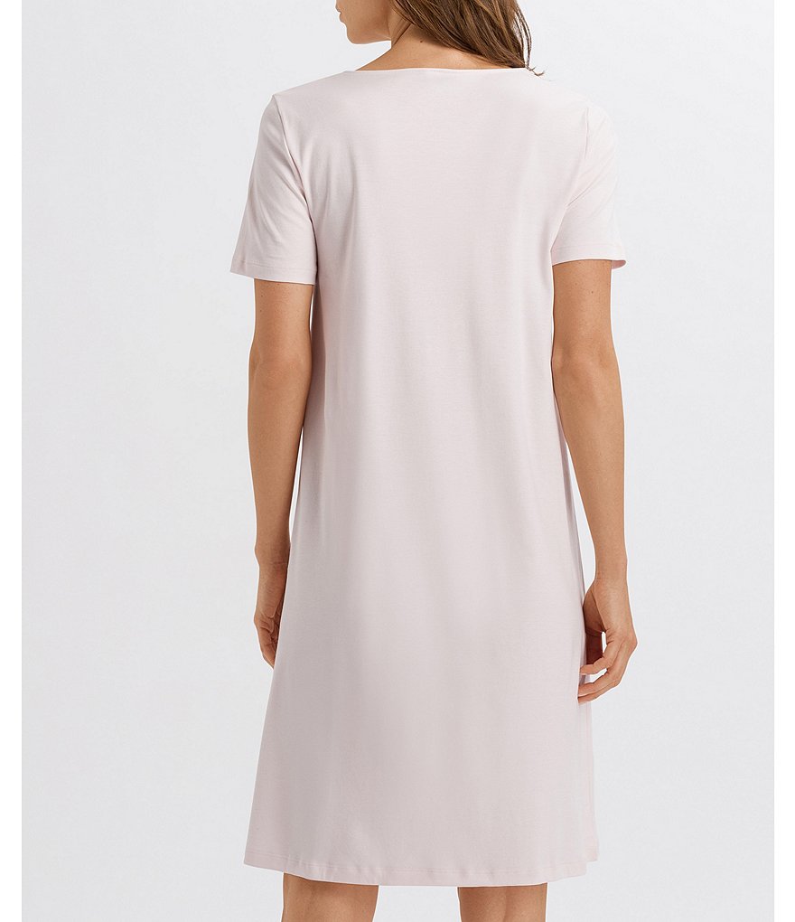 Hanro Hope Solid Interlock Knit Lace Illusion V Round Neck Short Sleeve Short Nightgown