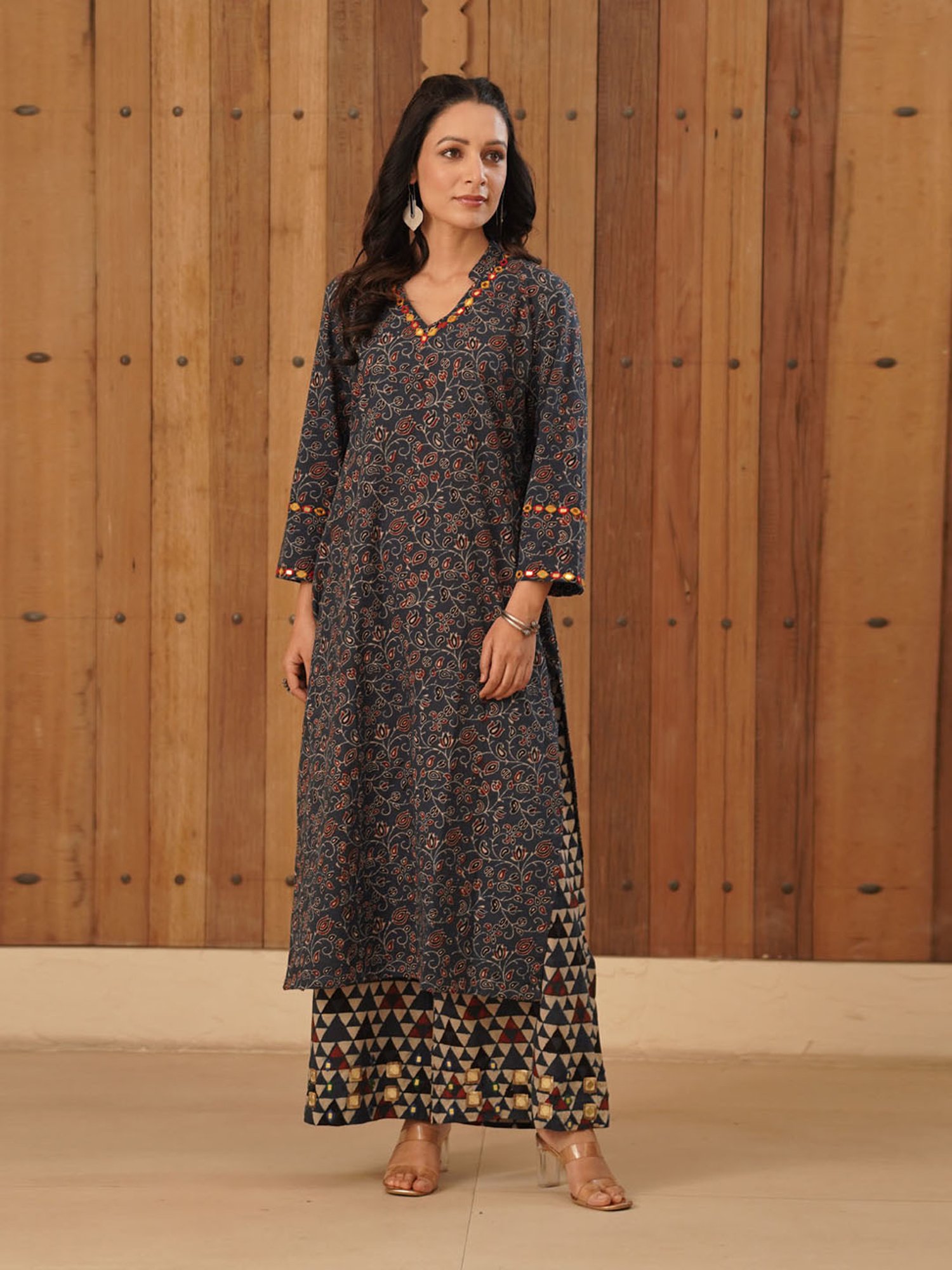 Love Chic Ajrakh Flare Kurta with side slits and 3/4th sleeves