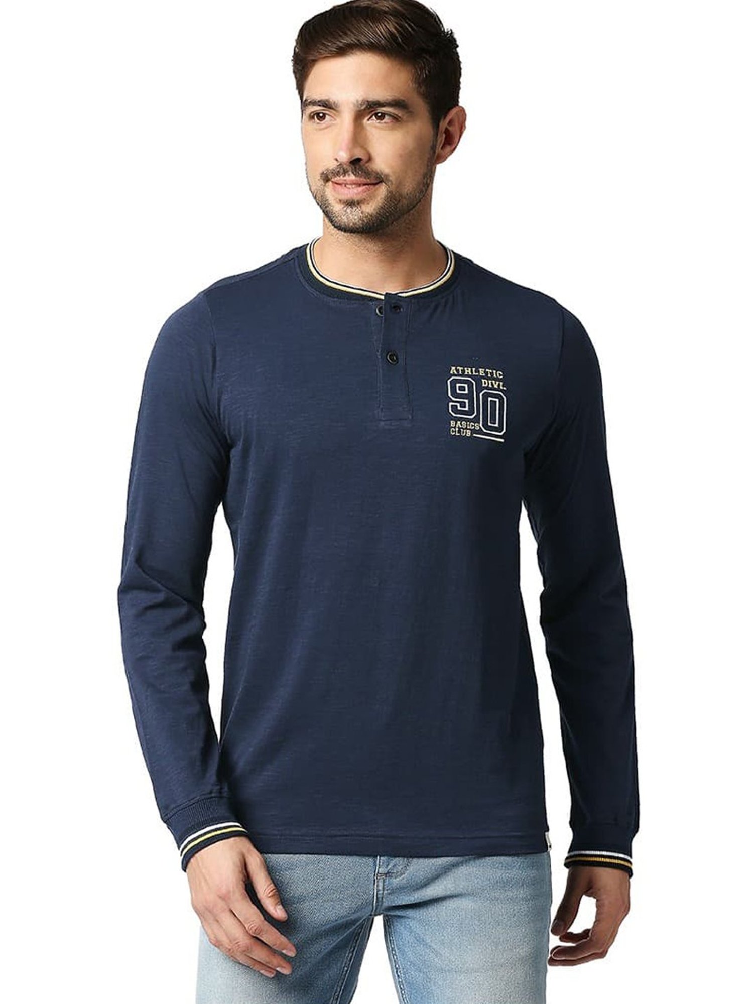 Basics Dress Blue Cotton Muscle Fit Henley T-Shirt