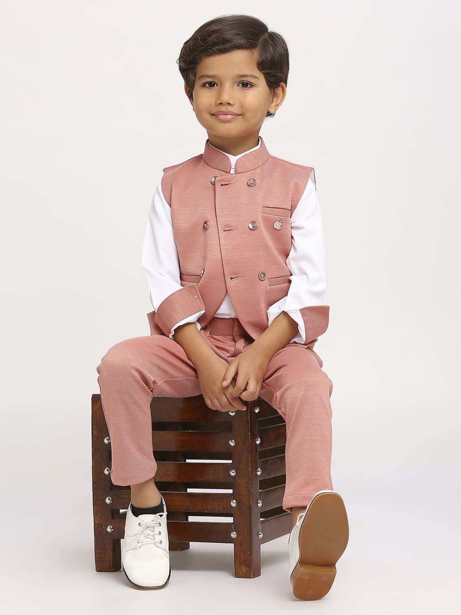 Kids Island Boys Peach Solid Full Sleeves Suit Set