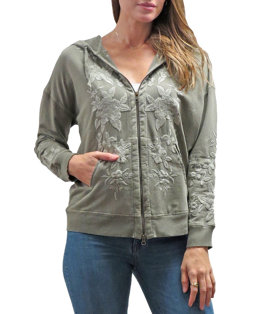 Karyn Seo Nyla Zip Front V-Neck Long Sleeve Embroidered Hoodie