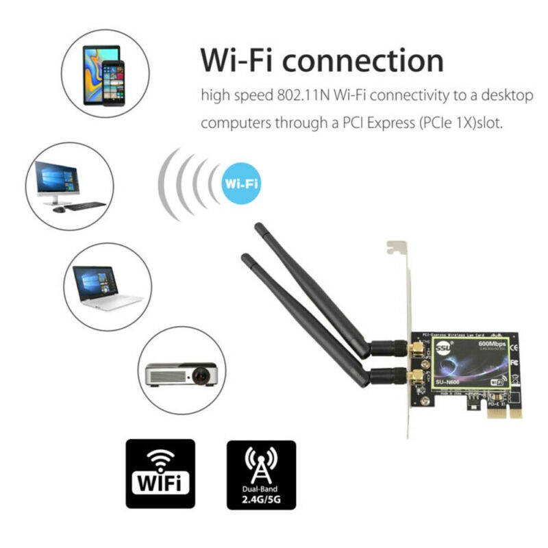 Dual Band 2.4G/5G PCI-E WiFi Wireless Card Adapter 600Mbps(2.4GHz 300Mbps or 5GHz 300Mbps) PCI Express Wi-Fi Adapter for Desktop Computer