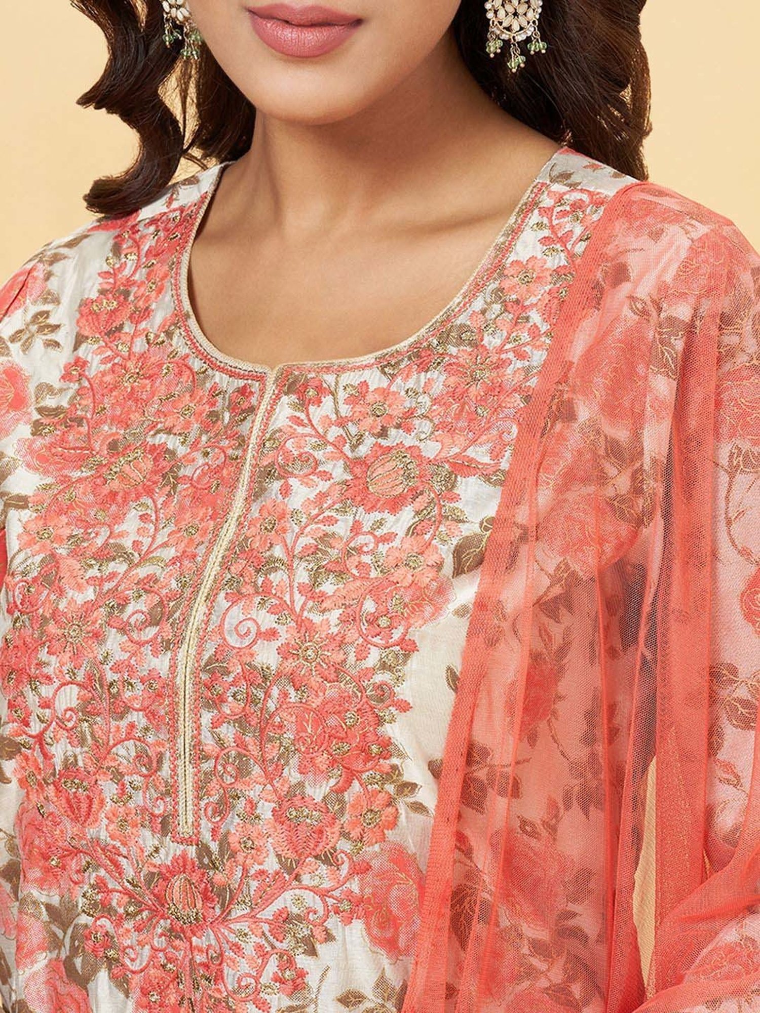 Rangmanch by Pantaloons Beige Embroidered Kurta Palazzo Set With Dupatta