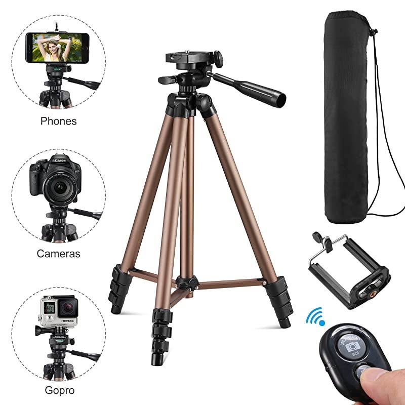 50 Inch Aluminum Tripod Video Tripod for Cellphone and Camera Universal Tripod with Wireless Remote Cellphone Holder Mount for All Smart Phone Gopro