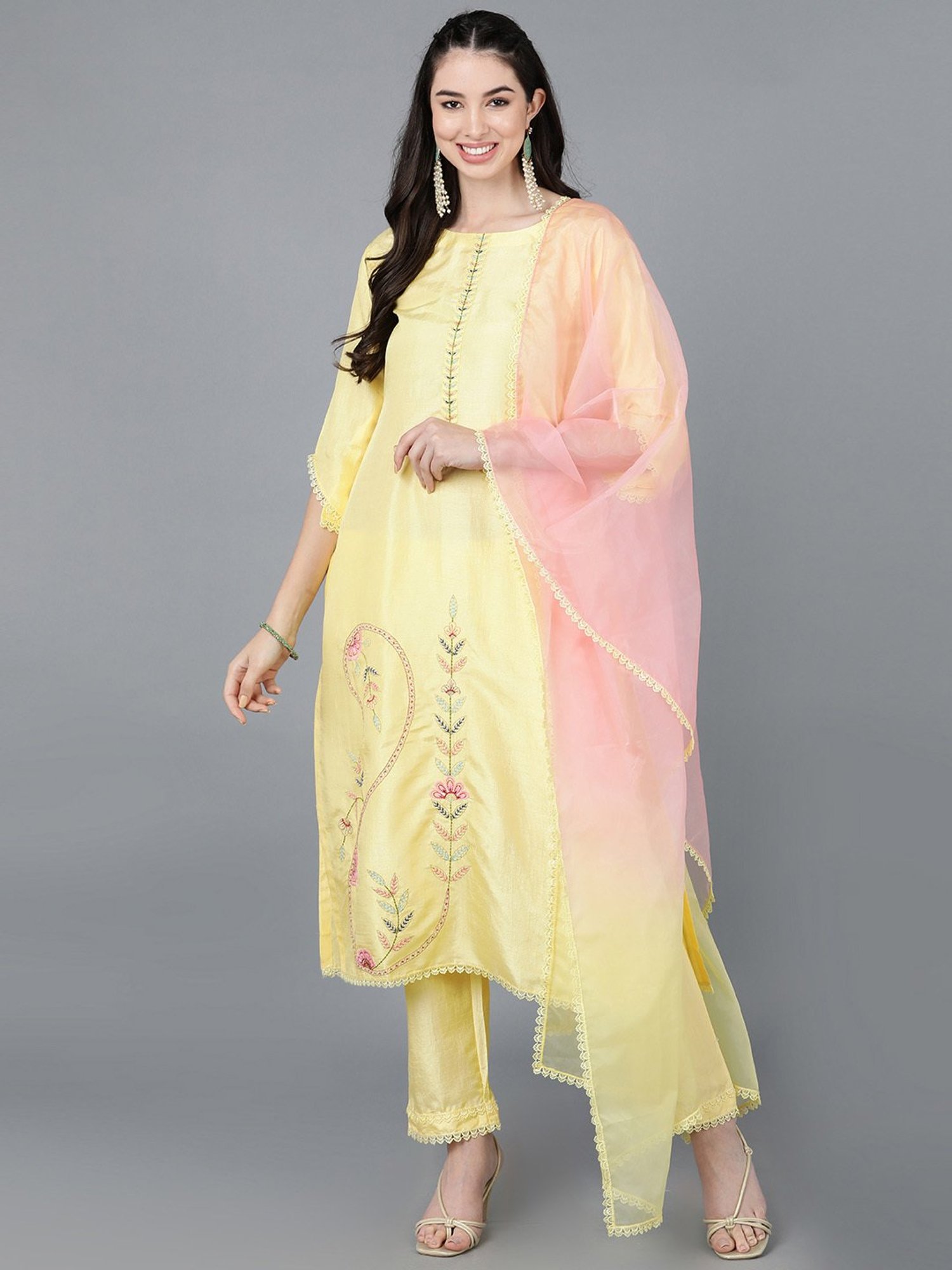 Vaamsi Yellow Embroidered Kurta Pant Set With Dupatta