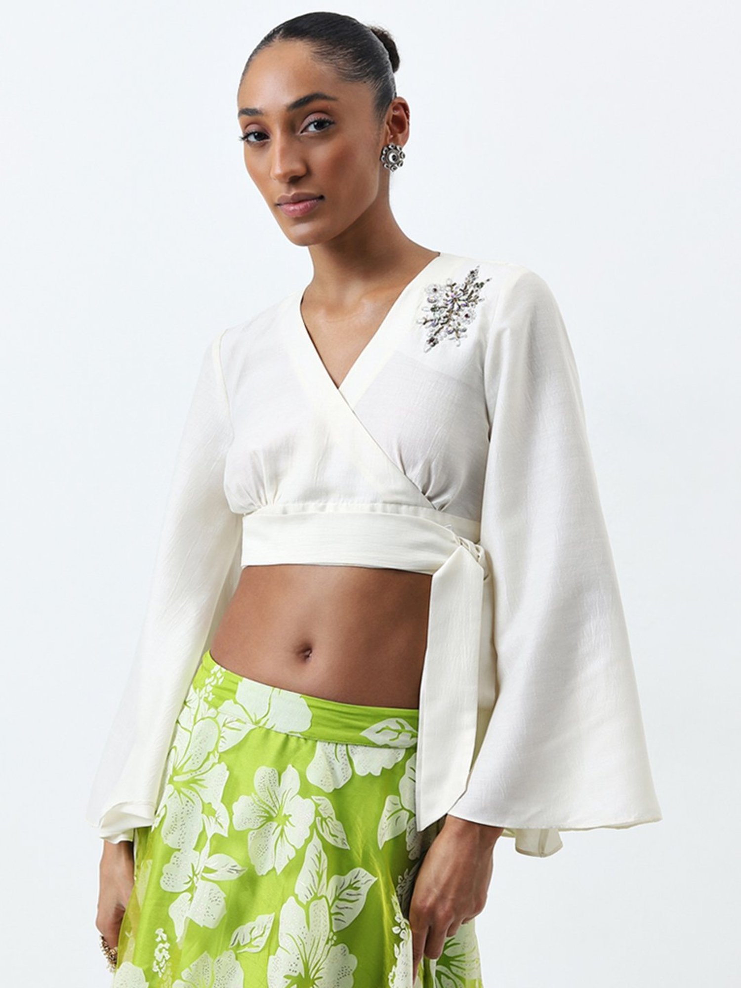 Vark by Westside Off-White Floral Embroidered Crop Blouse