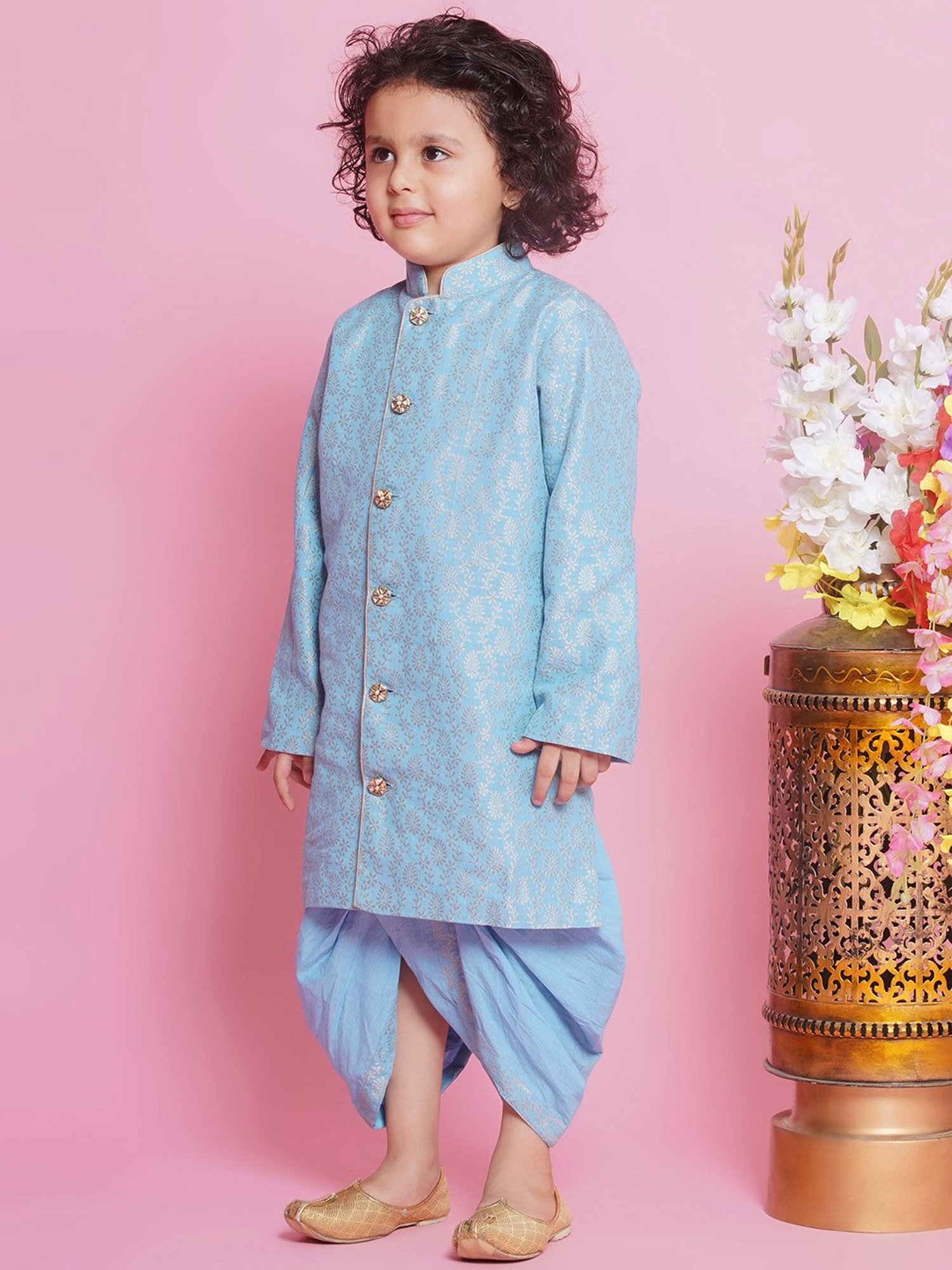 Little Bansi Kids Blue Embroidered Full Sleeves Sherwani with Dhoti
