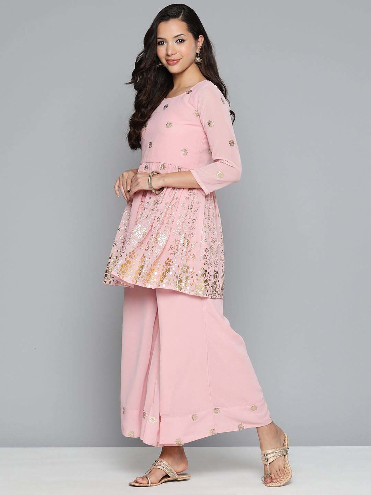 Jompers Pink Printed Kurti Palazzo Set With Dupatta