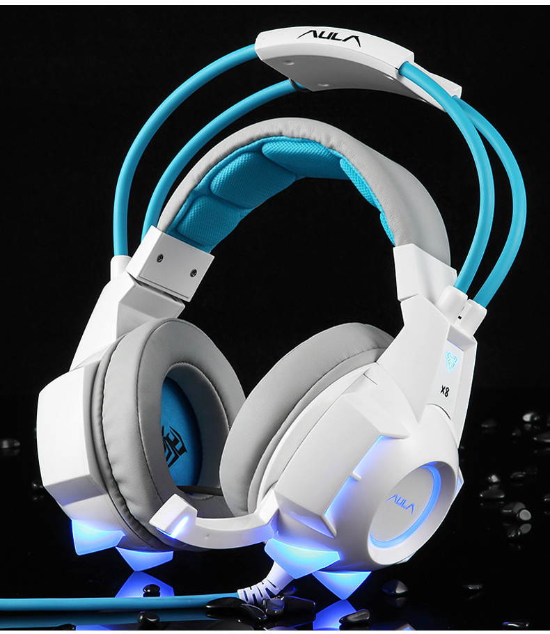 AULA X8 USB Wired Cool LED  Gaming Headset 7.1 Low Deep Bass Built-in Microphone, 50mm Unit Game headphone With Noise Cancelling  for Laptop Computer Game,  4D Virtual Speaker, Blue and White