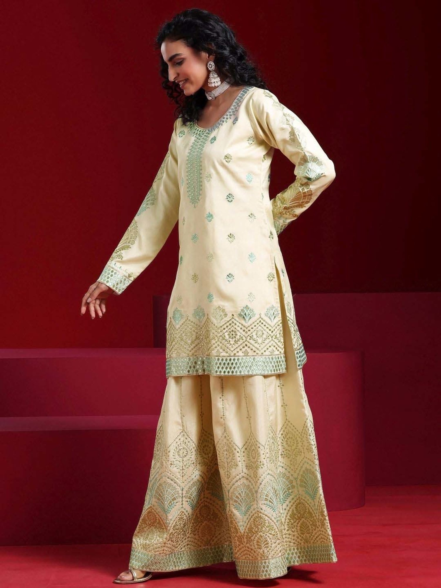 Libas Art Beige Embroidered Kurti Palazzo Set With Dupatta