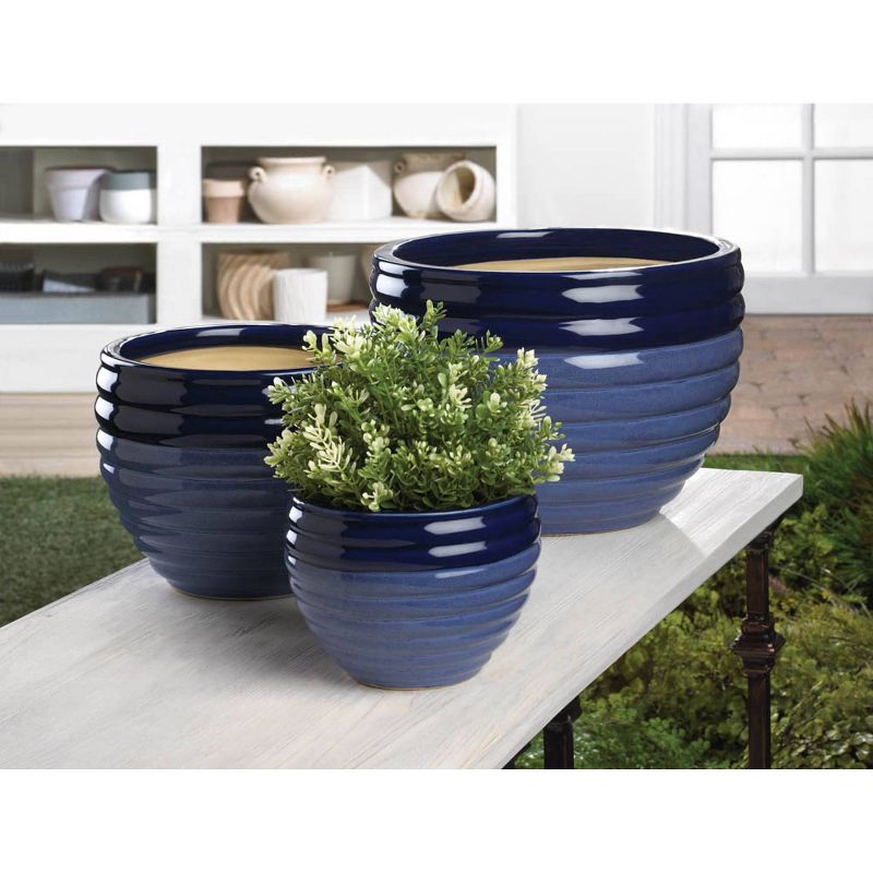 Set of 3 Indoor/Outdoor Ceramic Planters Duo Blue Tone - Zings & Thingz