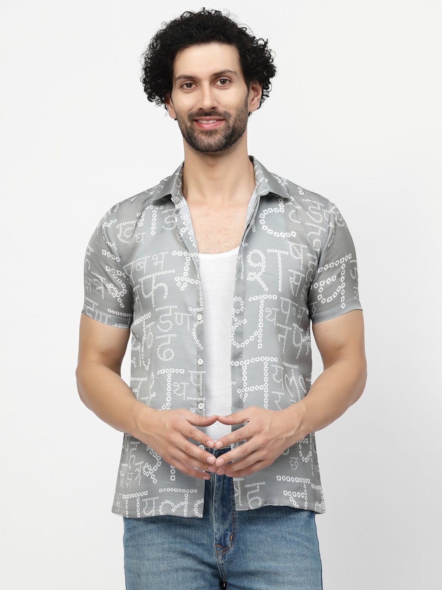 Lela Light Grey Regular Fit Printed Shirt