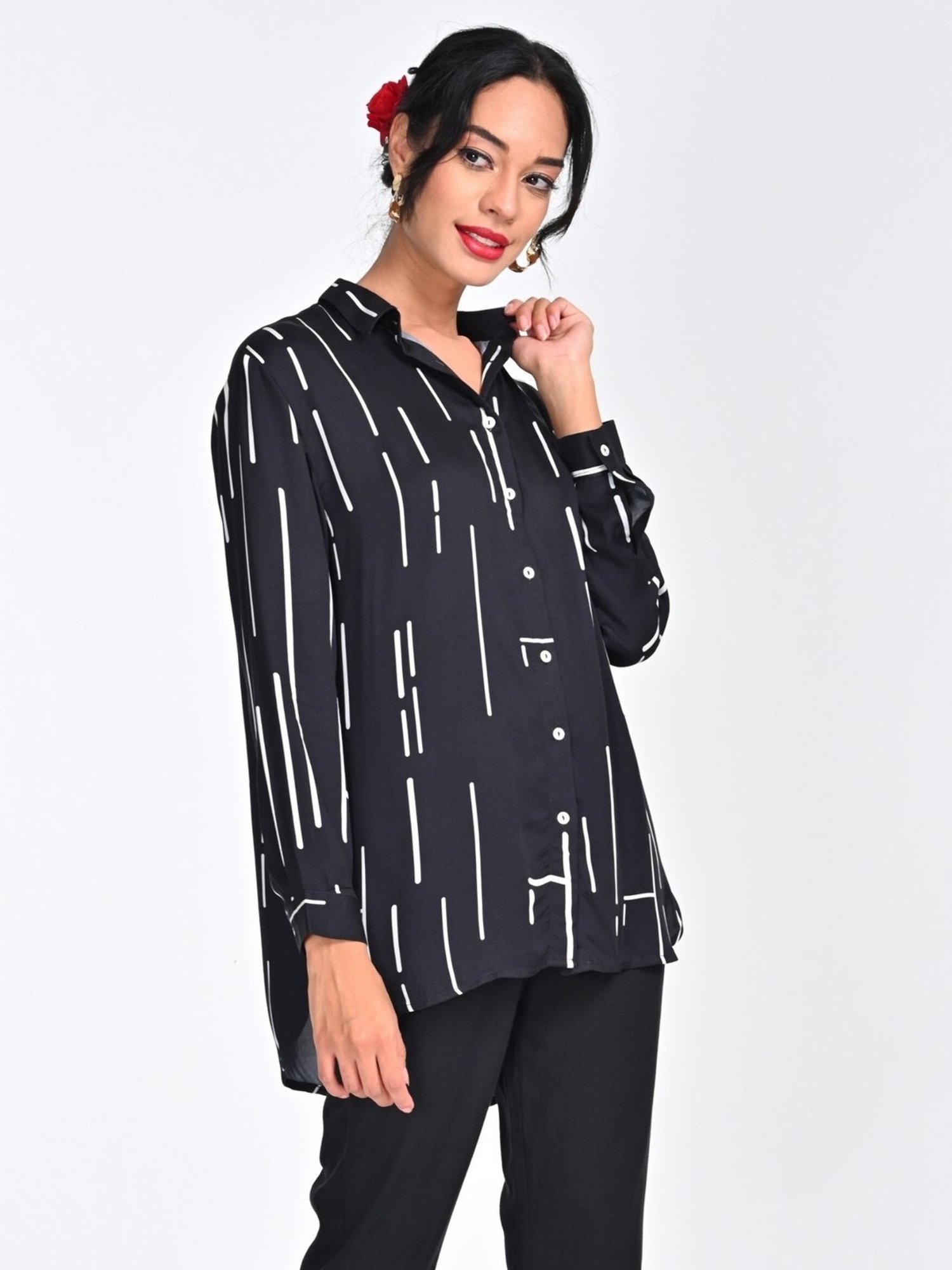 Saltpetre Women Modal Black Cedar Print Drop Shoulder Shirt