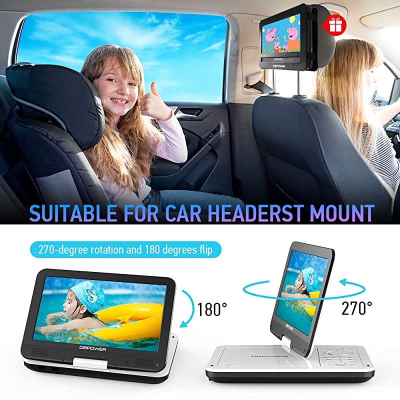 12 Portable DVD Player with 5Hour Rechargeable Battery 10 Swivel Display Screen SD Card Slot and USB Port with 18 Meter Car Charger and Power Adaptor Region FreeWhite