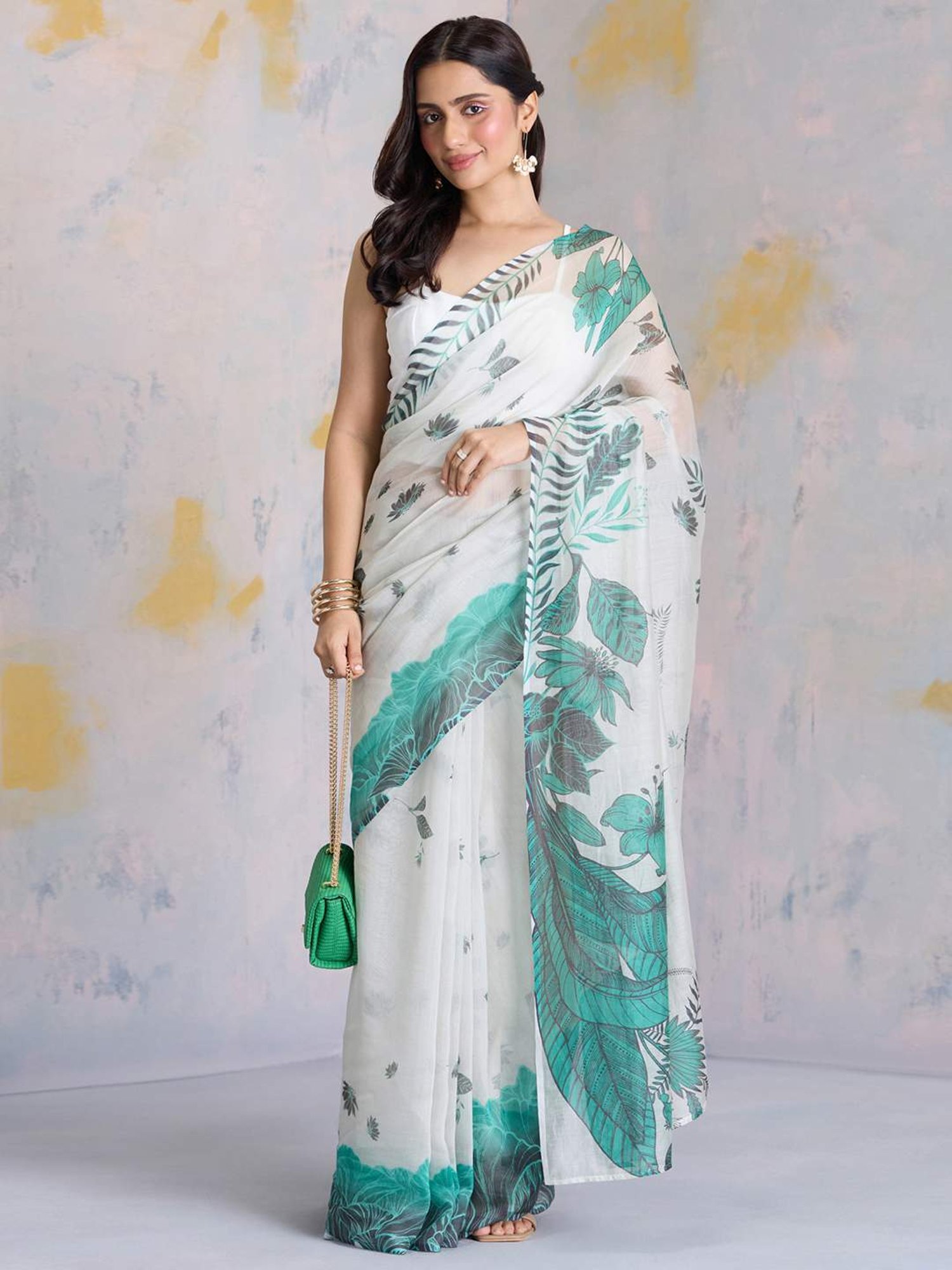 navyasa by liva Off-White & Green Printed Saree With Unstitched Blouse