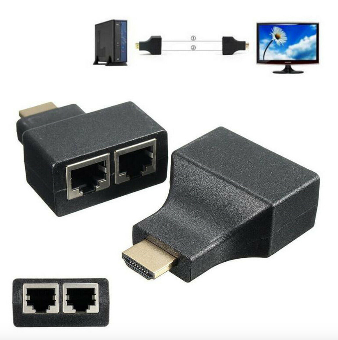 2x 1080p HDMI to Dual Port RJ45 Network Cable Extender by Cat 5 e /6