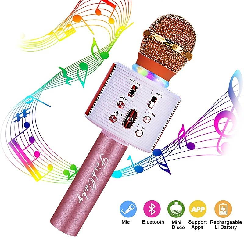 Karaoke Microphone, Bluetooth Karaoke Machine Kids Portable Mic Player Speaker with LED & Music Singing Voice Recording for Christmas Birthday Home Party KTV Outdoor