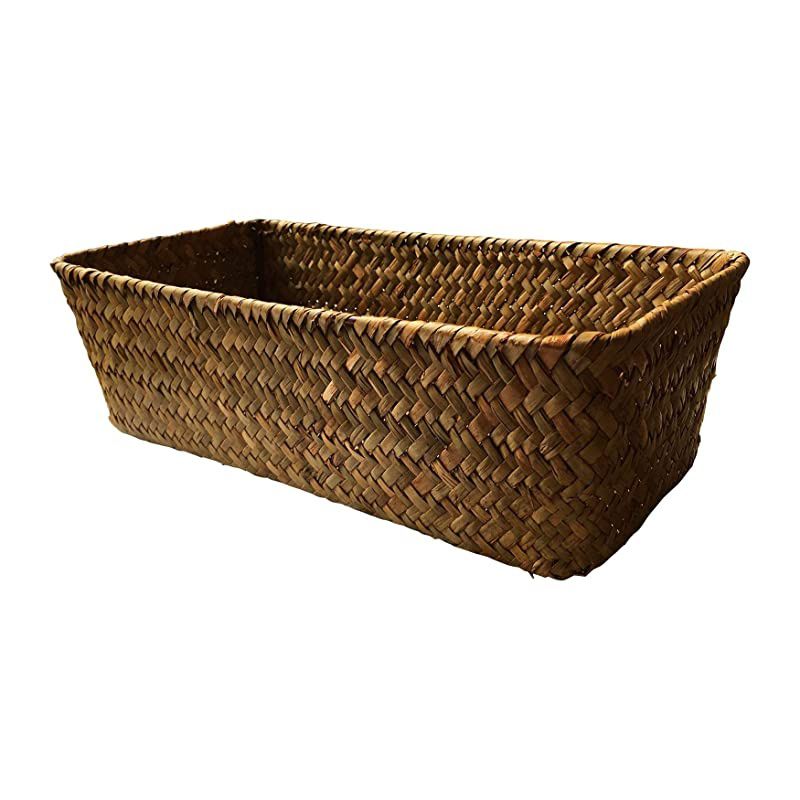 HandWoven Seagrass Storage Rectangur Basket and Home Organizer BinsNatural Water Hyacinth Basket SmallBrown no Grid