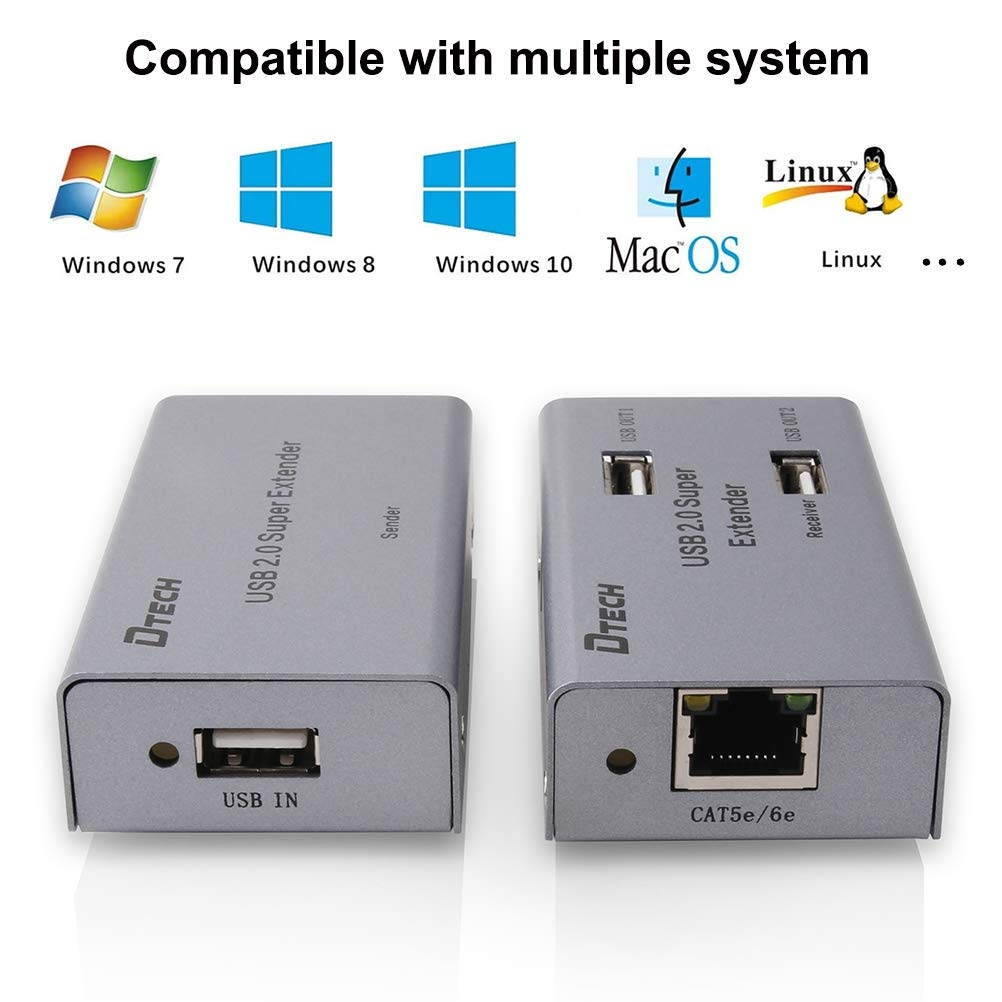 DTECH Multi USB Signal Extender Over Ethernet Cat5 Cat6 Cable up to 164 ft Extension with 4 Expansion USB A 2.0 Port Data Hub Power Supply Adapter for Computer Webcam Camera Hard Drive Keyboard Mouse