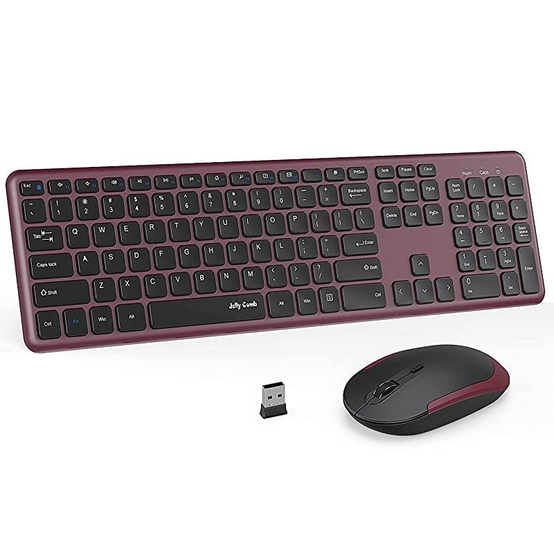 Wireless Keyboard and Mouse,  2.4GHz Ultra Thin Full Size Wireless Keyboard Mouse Combo Set with Number Pad for Computer, Laptop, PC, Desktop, Notebook, Windows 7, 8, 10-(Wine Red and Black)