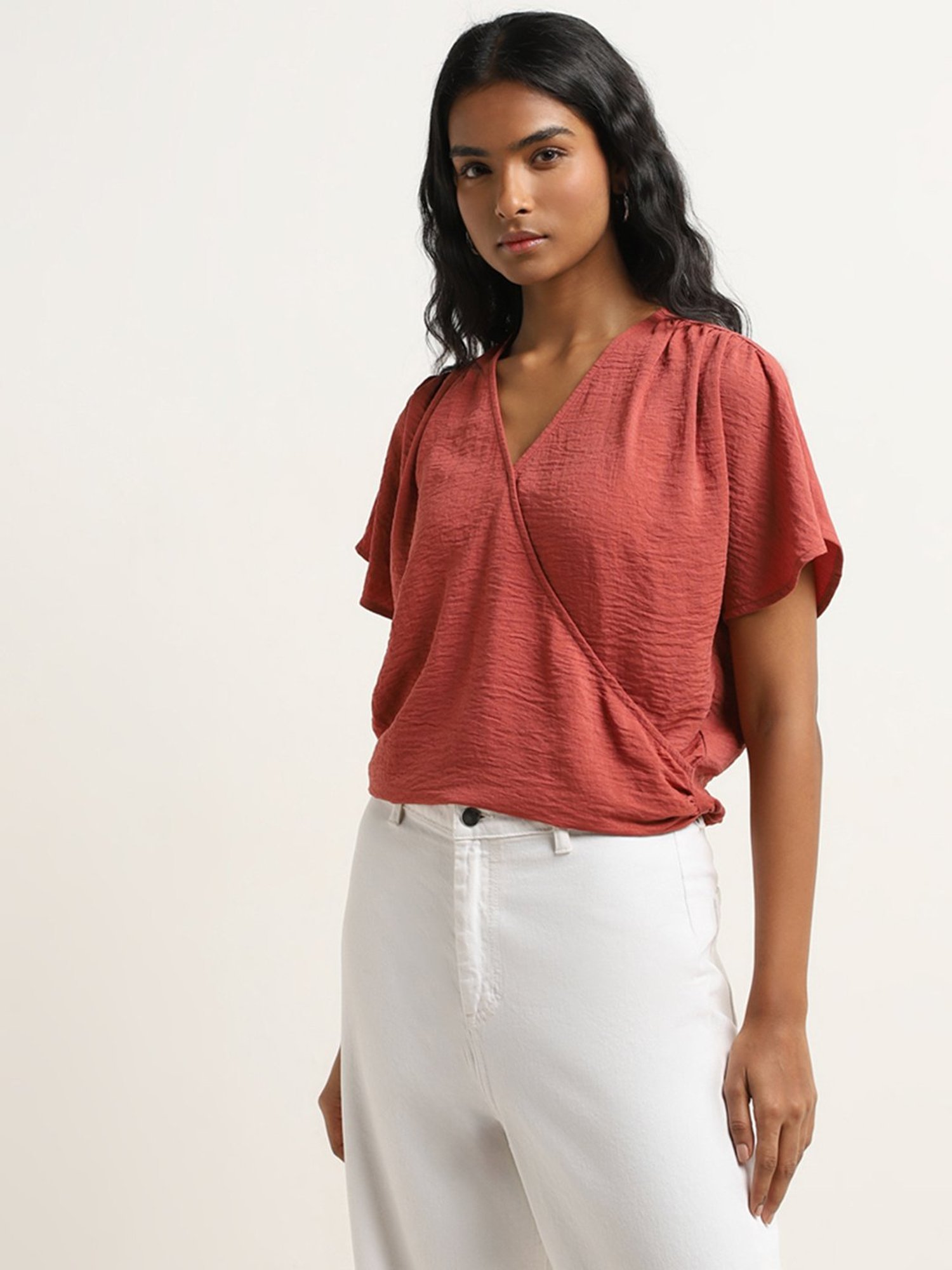LOV by Westside Red Crinkle Textured Wrap-Over Top