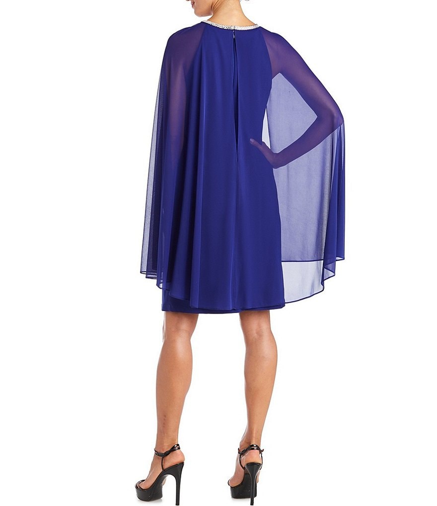 R & M Richards Petite Size Jewel Neck Capelet Sleeve Chiffon Dress