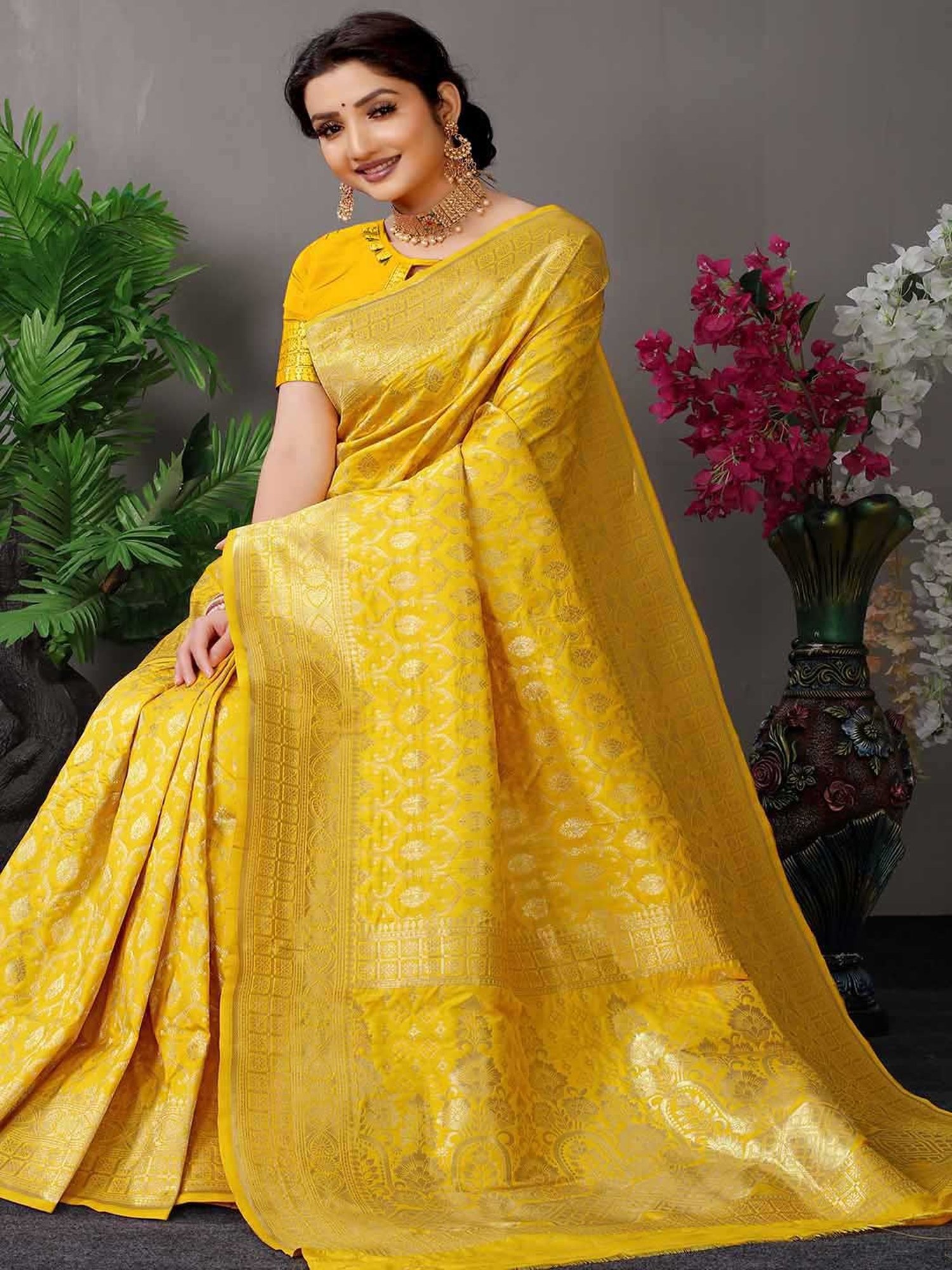 SHUBHKALA Yellow Silk Woven Saree With Unstitched Blouse