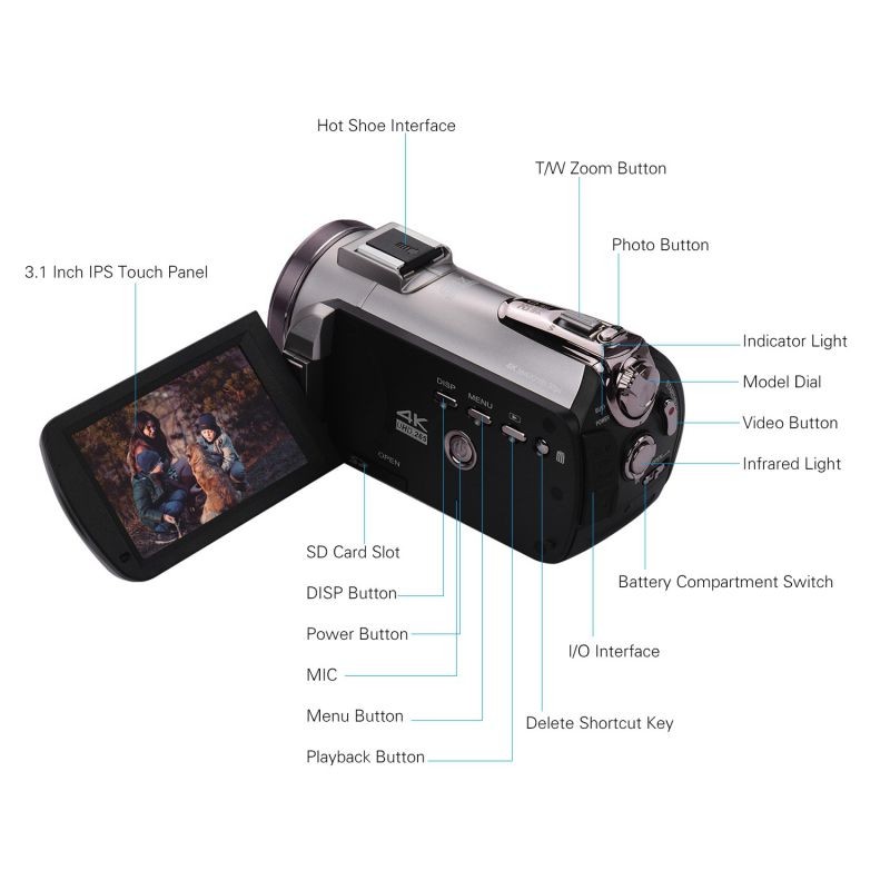 Andoer HDV-AZ50 Portable Real 4K 30FPS WiFi Digital Video Camera Camcorder 3.1 Inch IPS Touchscreen 64X Digital Zoom IR Night Vision Camcorder with Camera Battery 0.39X Super Wide Angle Lens CM-520