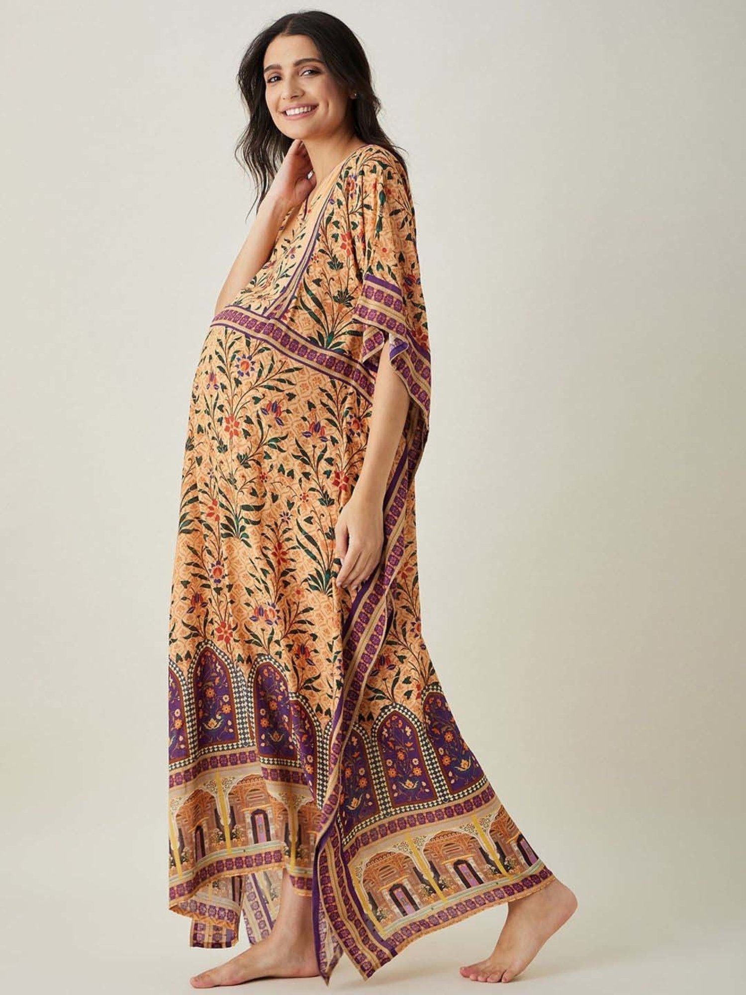 The Kaftan Company Beige Printed Maternity Kaftan