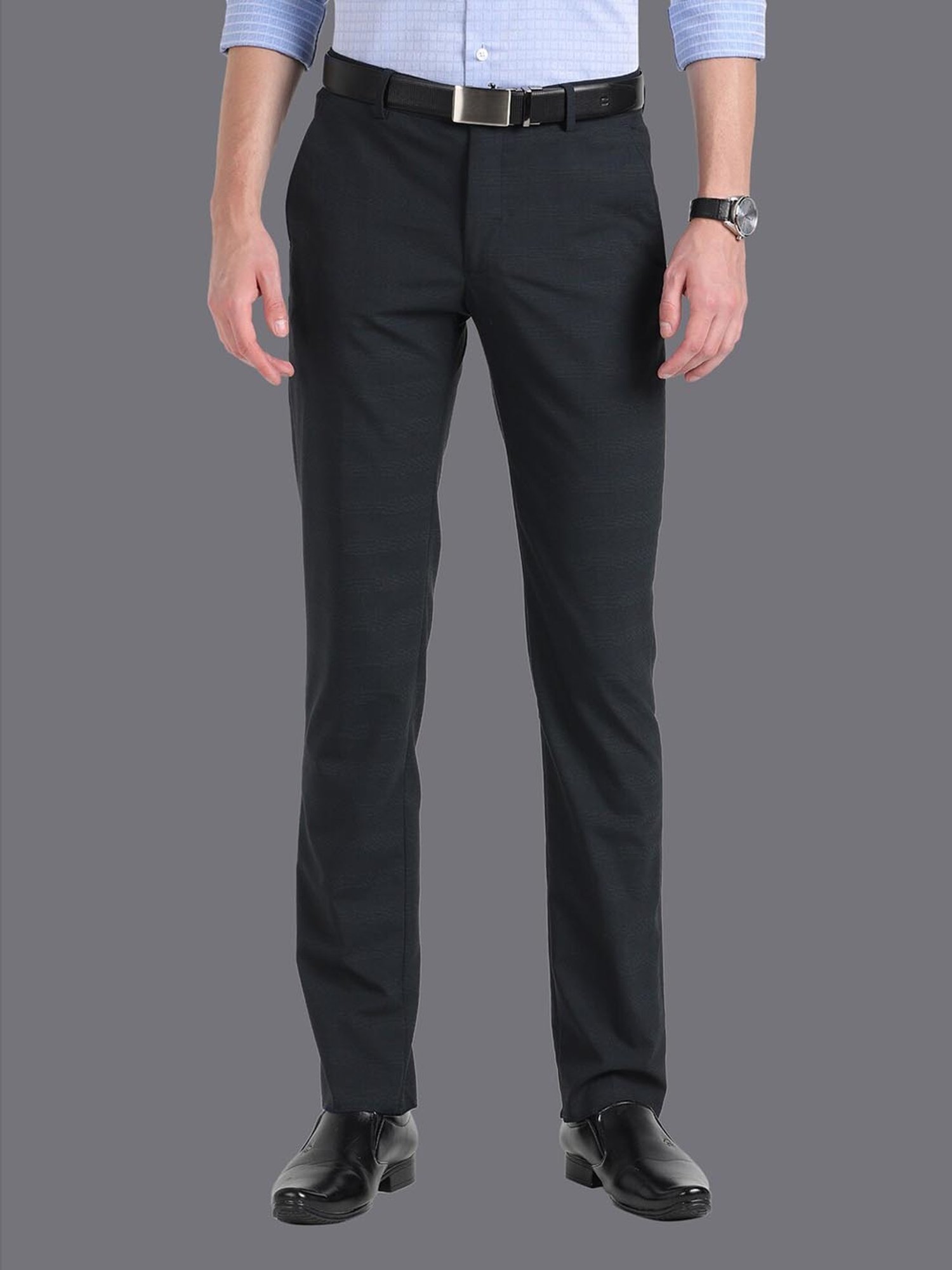 Louis Philippe Dark Grey Slim Fit Self Pattern Trousers