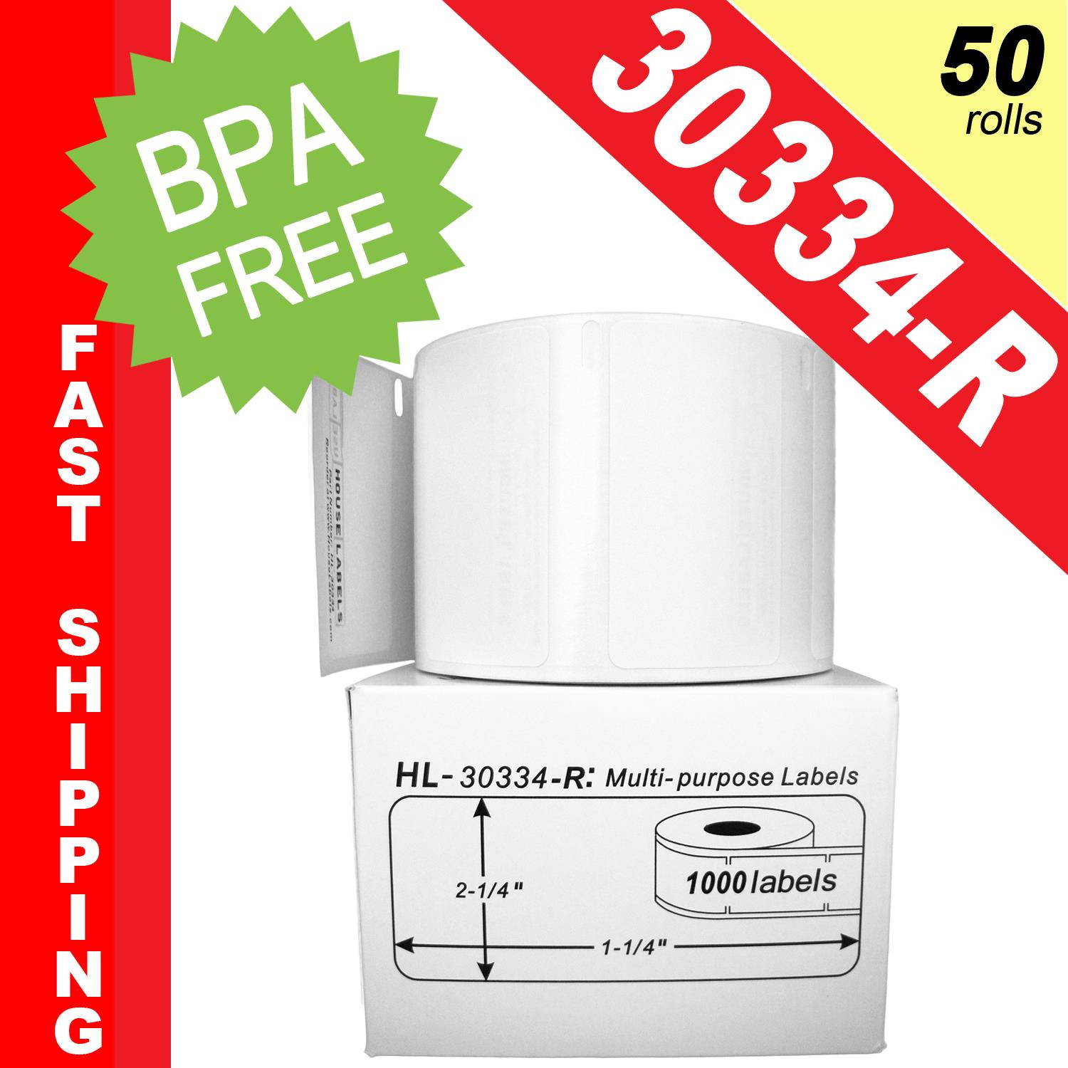 DYMO-Compatible 30334-R REMOVABLE Multipurpose Labels (2-1/4" x 1-1/4") -- BPA Free! (50 Rolls; 1,000 Labels per Roll)