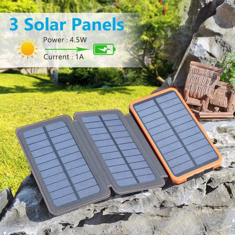 Solar Charger 24000mAh, FEELLE Solar Power Bank with High-Efficiency Foldable Panels and Flashlight, External Battery Pack for Hiking, Camping, Portable Phone Charger for iPhone, Tablet and Samsung